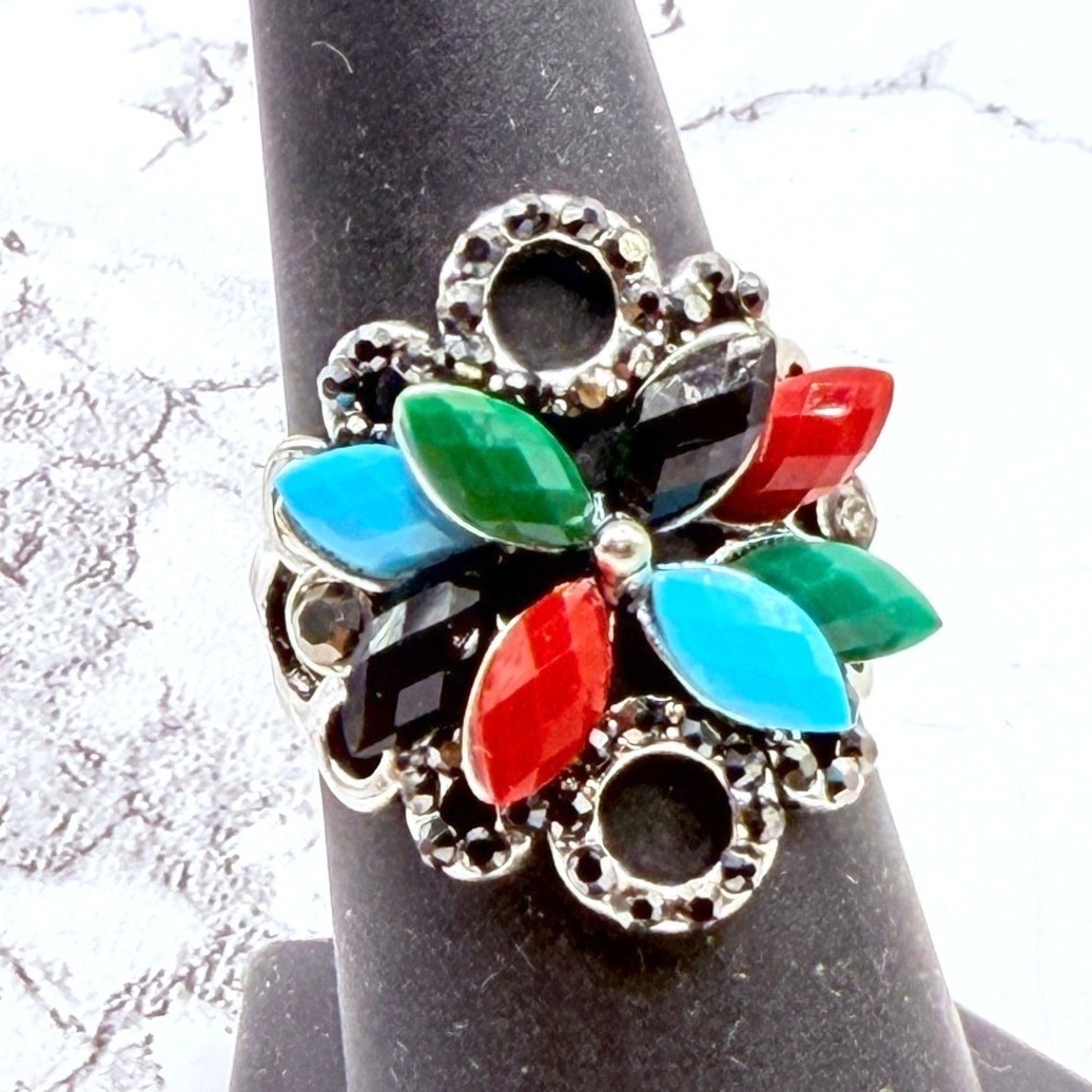 Silver Tone Colorful Faceted Stone‎ Statement Ring Size 7.25